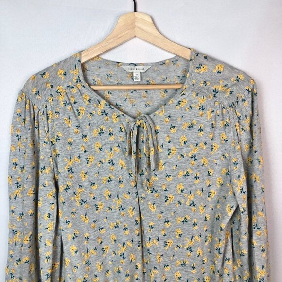 Lucky Brand Gray Peasant Yellow Floral Boho Long Sleeve Blouse M - Picture 4 of 7